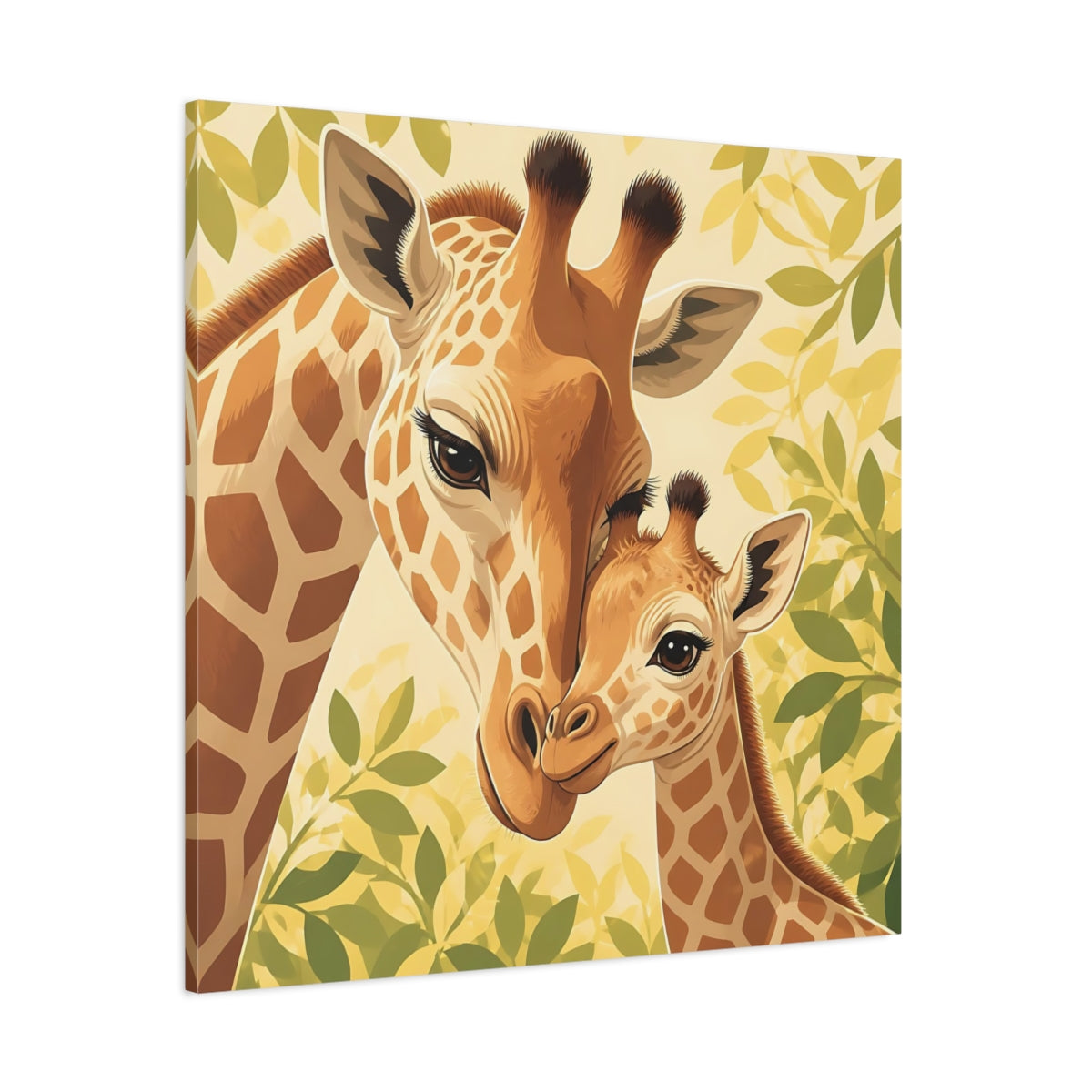 Side Mockup 1. Animals Giraffe Family Brown Green Giraffe shown as stretched canvas wall art
