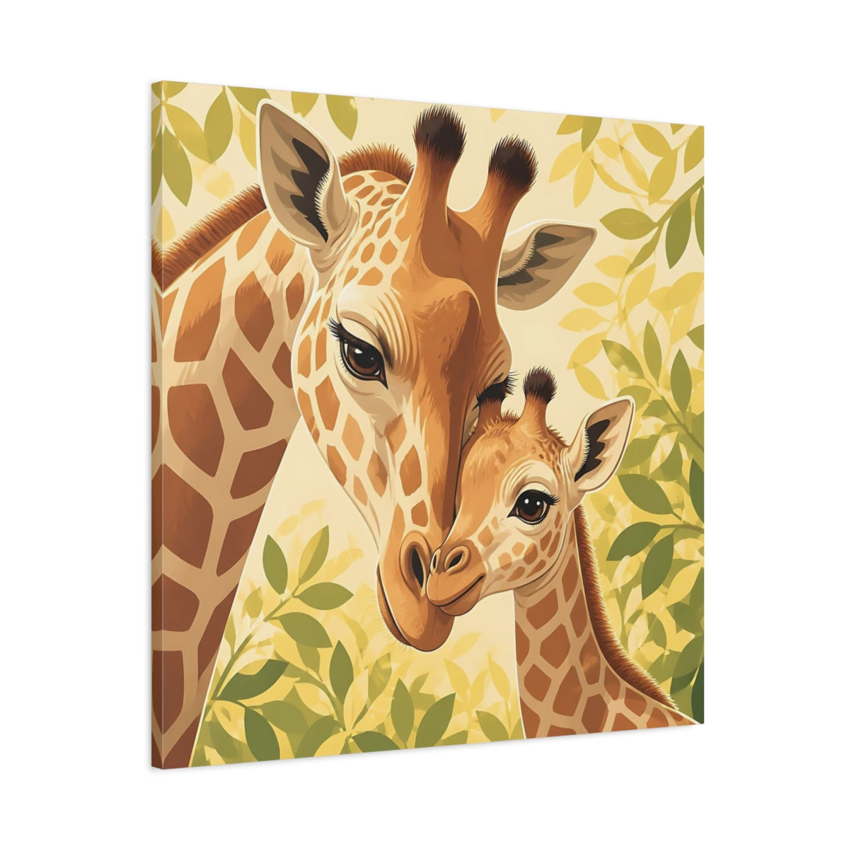 Main Mockup. Animals Giraffe Family Brown Green Giraffe shown as stretched canvas wall art