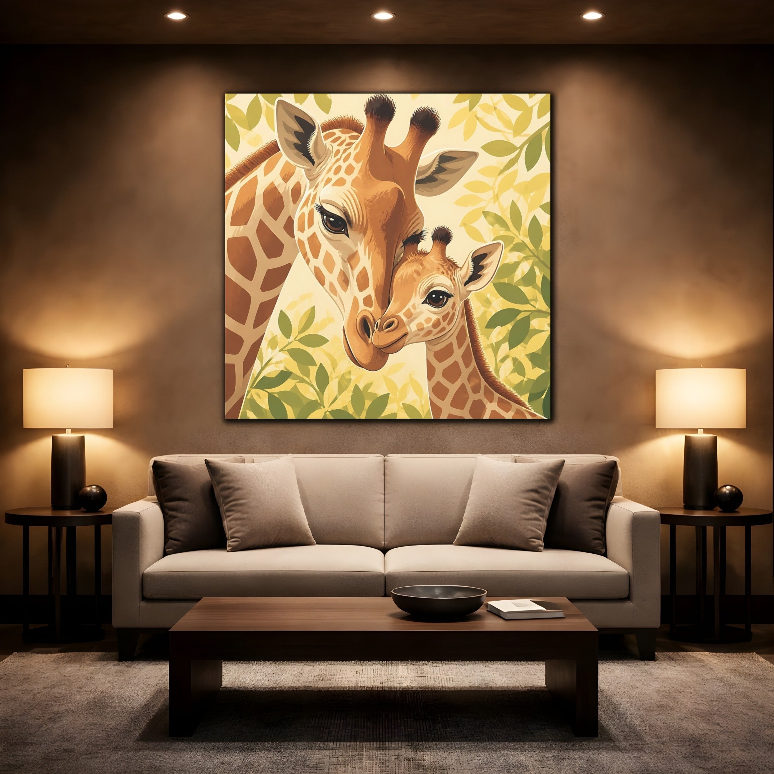 Mockup 2. Animals Giraffe Family Brown Green Giraffe shown as stretched canvas wall art