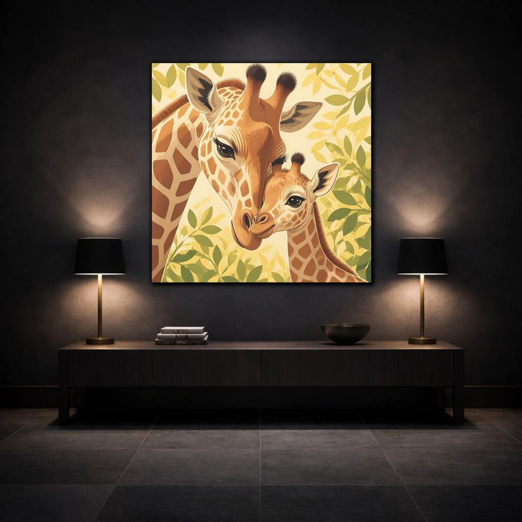 Mockup 3. Animals Giraffe Family Brown Green Giraffe shown as stretched canvas wall art
