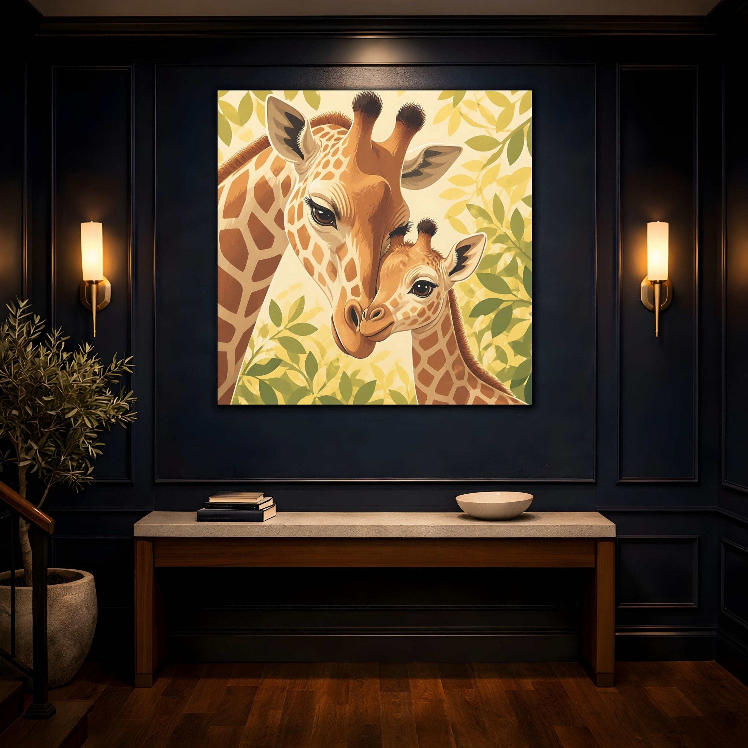 Mockup 4. Animals Giraffe Family Brown Green Giraffe shown as stretched canvas wall art