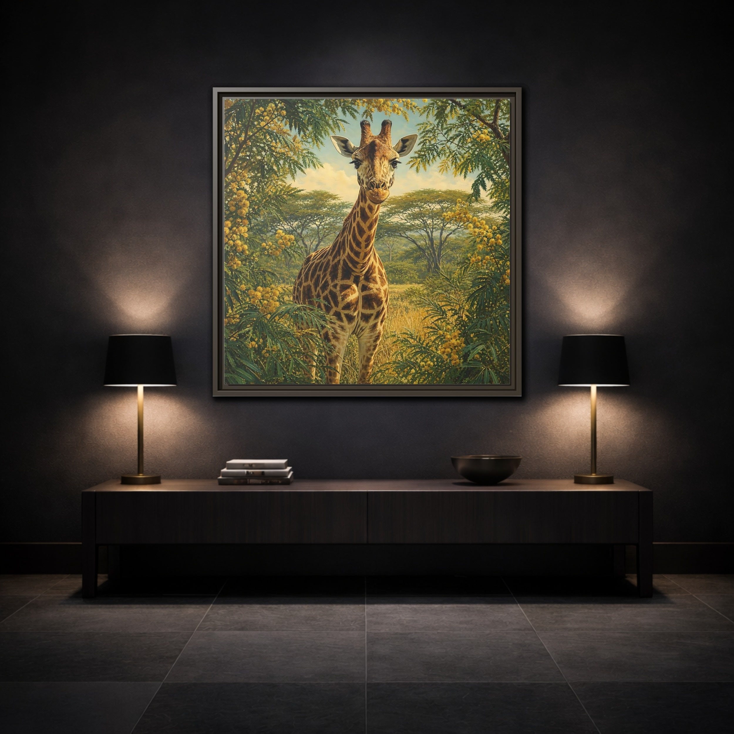 Mockup 3. Animals Giraffe Giraffe Safari shown as stretched canvas wall art