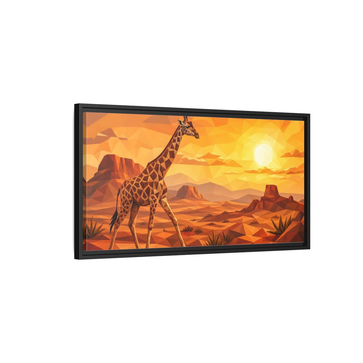 Side Mockup 2. Animals Giraffe Orange Geometric shown as stretched canvas wall art