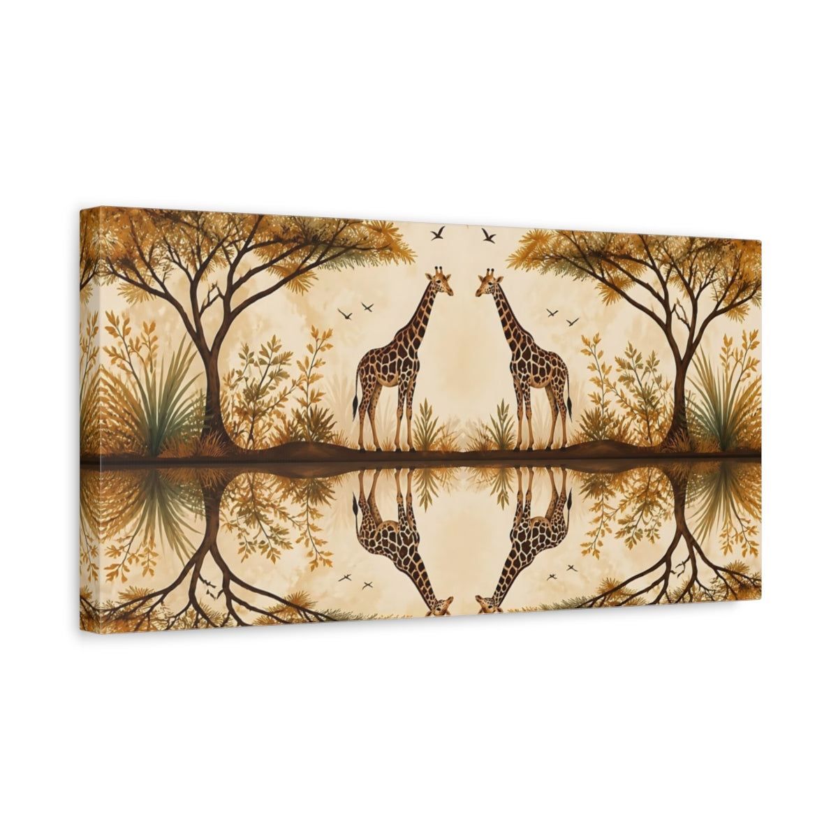 Side Mockup 3. Animals Giraffes Brown And Gold shown as stretched canvas wall art