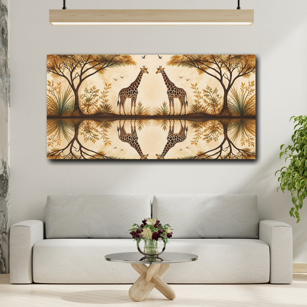 Mockup 2. Animals Giraffes Brown And Gold shown as stretched canvas wall art