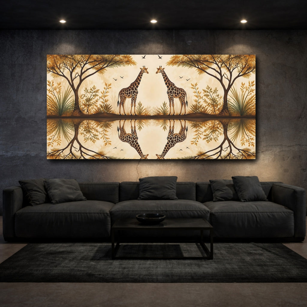 Mockup 3. Animals Giraffes Brown And Gold shown as stretched canvas wall art