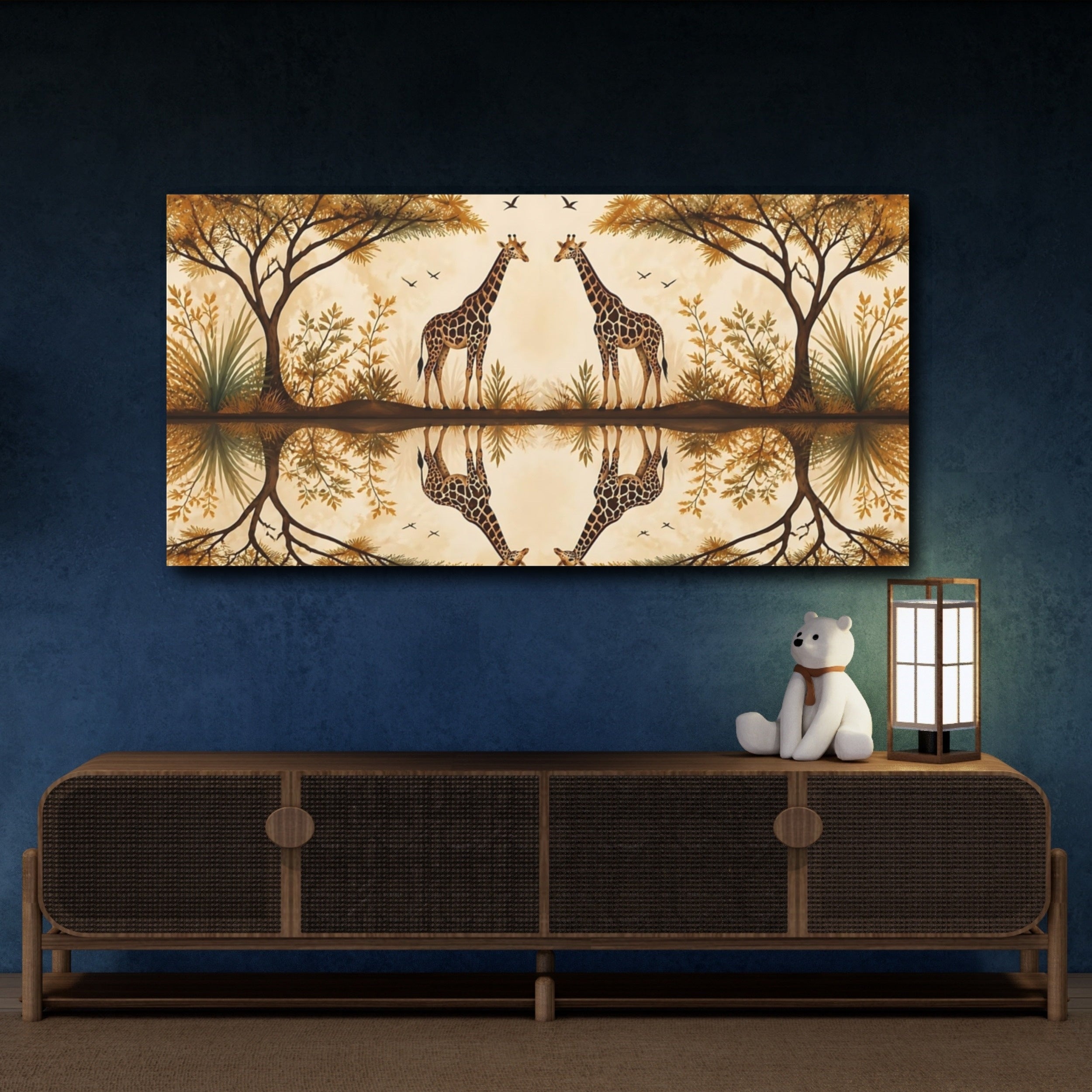 Mockup 4. Animals Giraffes Brown And Gold shown as stretched canvas wall art