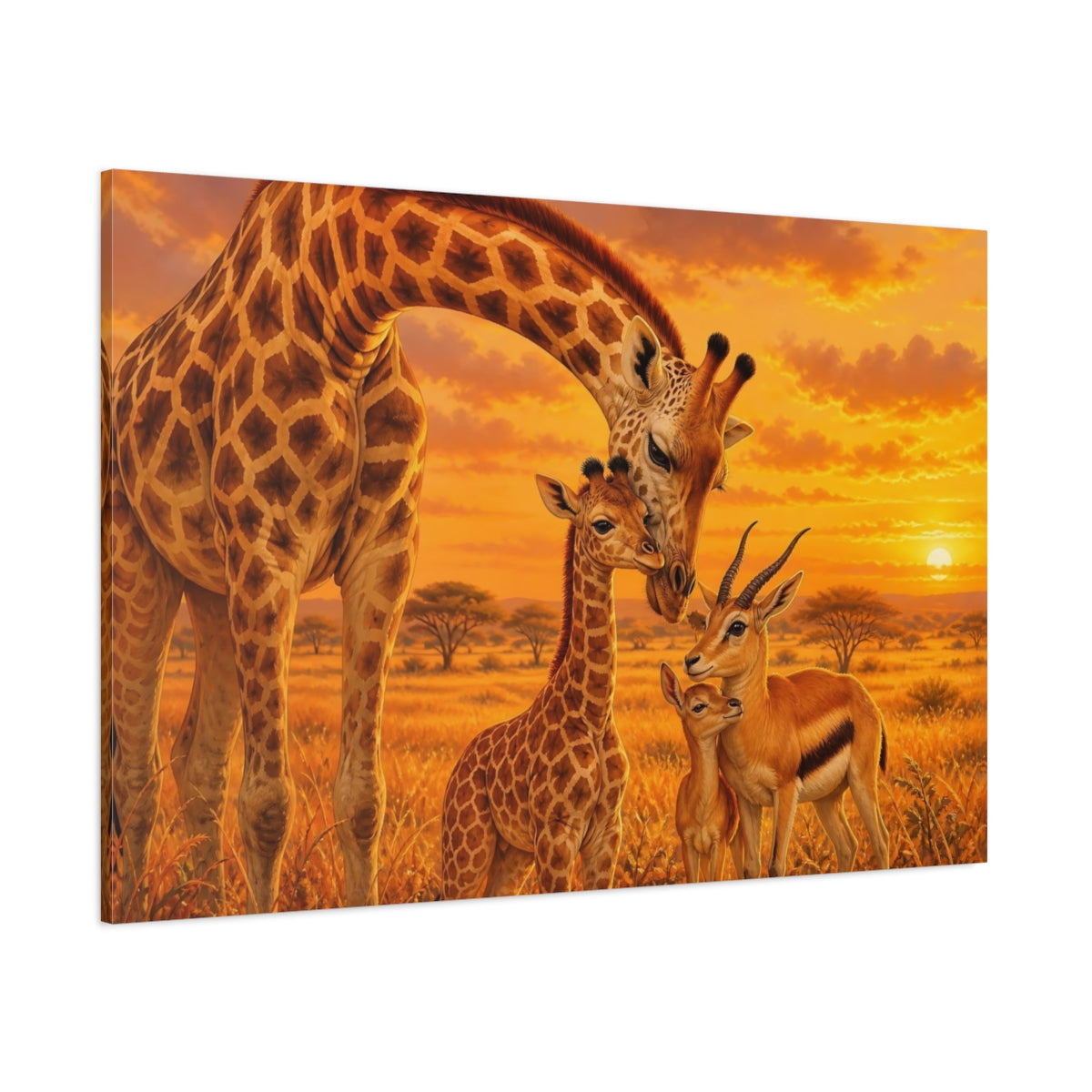 Side Mockup 1. Animals Giraffes Gazelles Orange Yellow Brown shown as canvas print