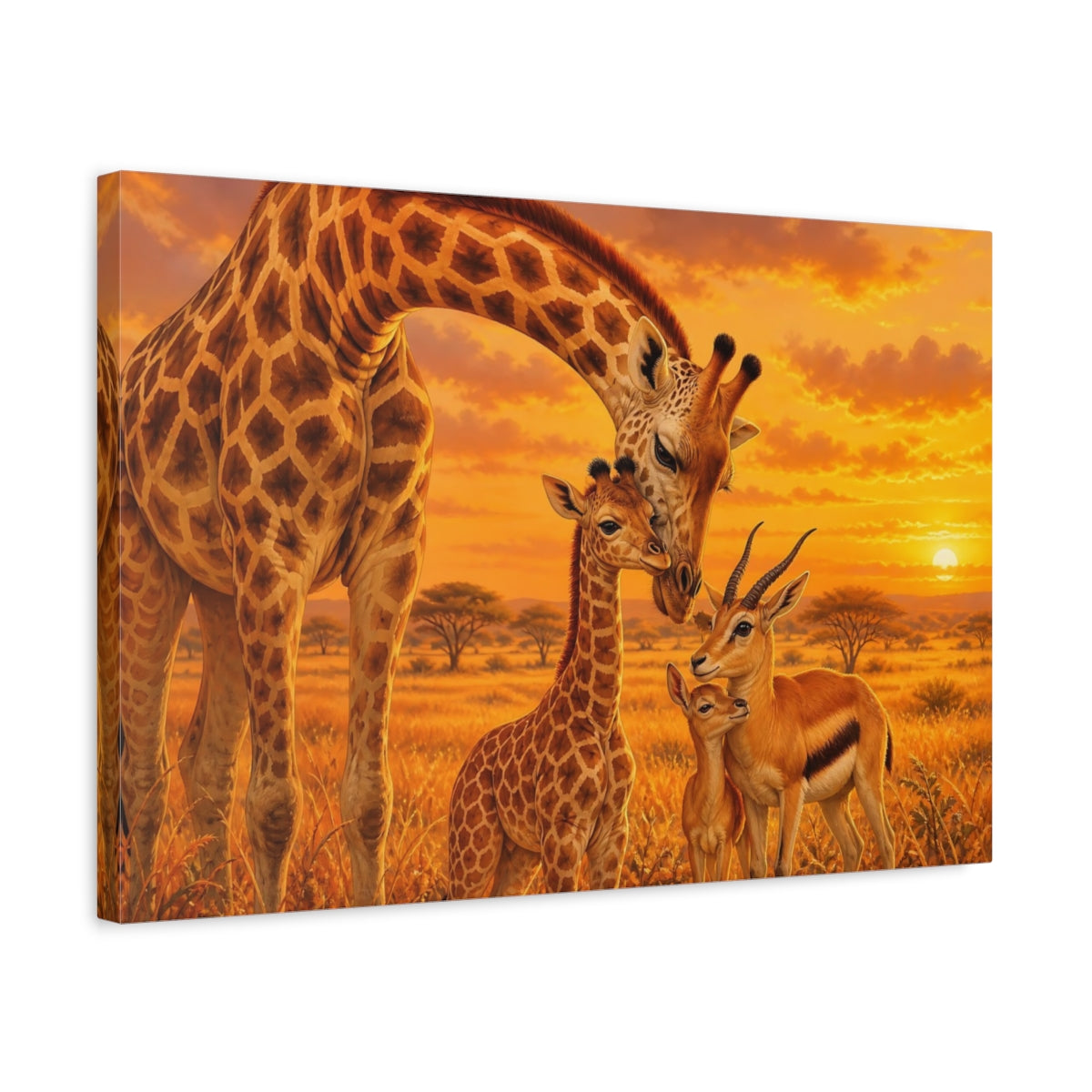 Side Mockup 3. Animals Giraffes Gazelles Orange Yellow Brown shown as canvas print