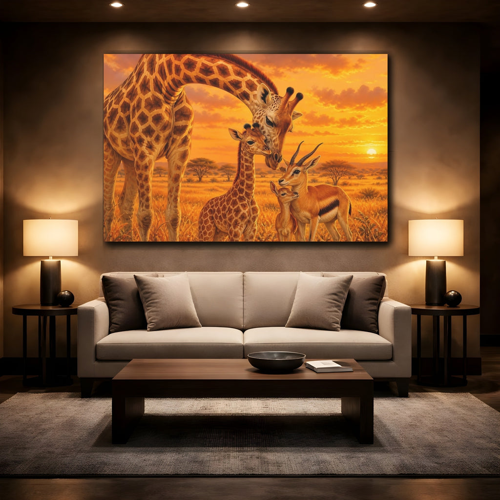 Mockup 2. Animals Giraffes Gazelles Orange Yellow Brown shown as canvas print