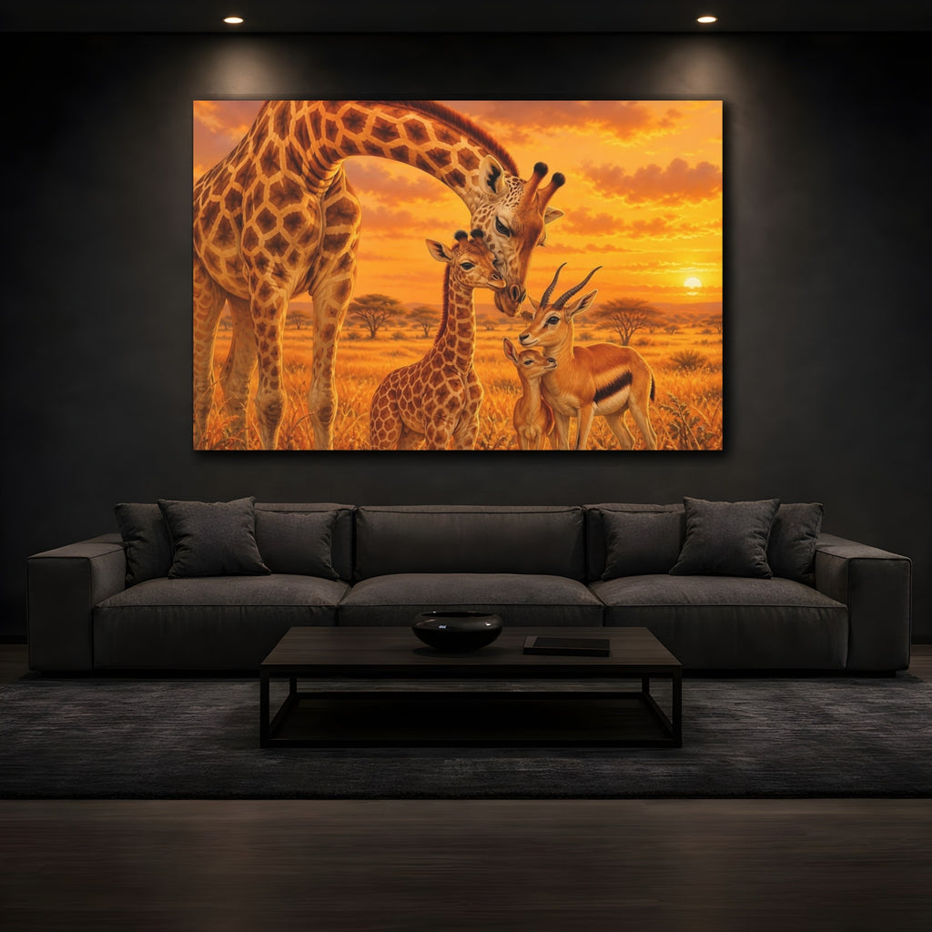 Mockup 3. Animals Giraffes Gazelles Orange Yellow Brown shown as canvas print