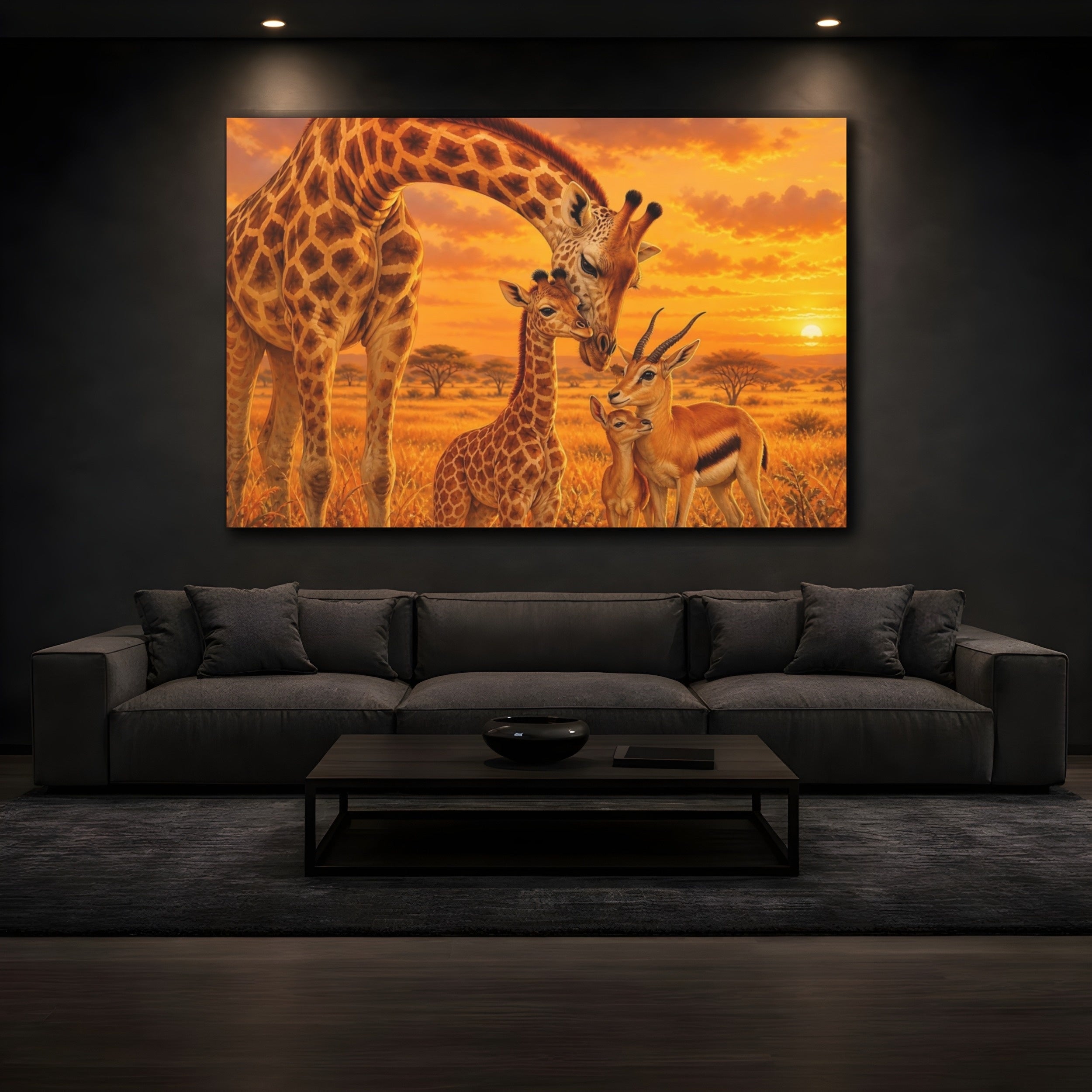 Mockup 3. Animals Giraffes Gazelles Orange Yellow Brown shown as canvas print