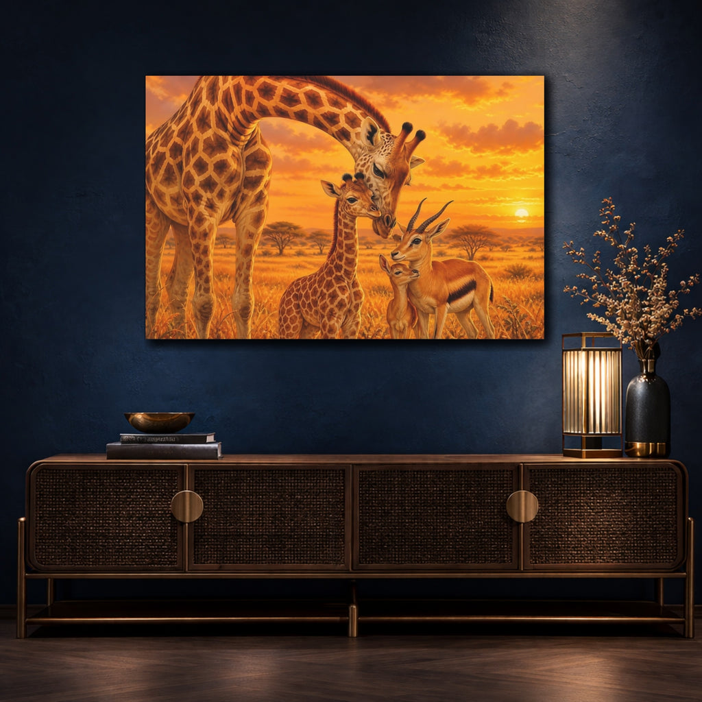 Mockup 4. Animals Giraffes Gazelles Orange Yellow Brown shown as canvas print
