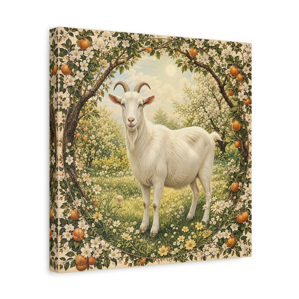 Side Mockup 7. Animals Goat White Goat Floral shown as stretched canvas wall art