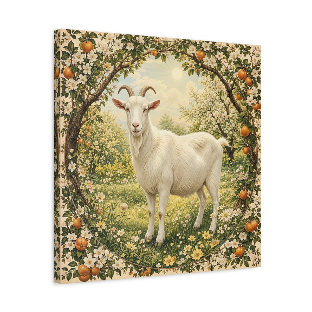 Side Mockup 5. Animals Goat White Goat Floral shown as stretched canvas wall art