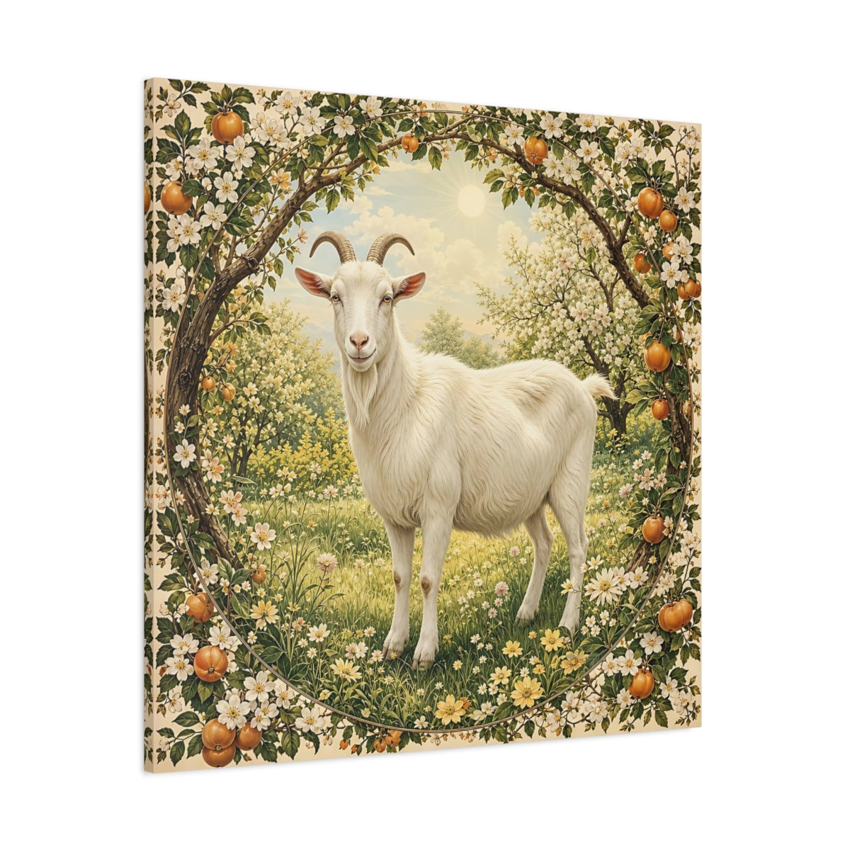 Side Mockup 1. Animals Goat White Goat Floral shown as stretched canvas wall art