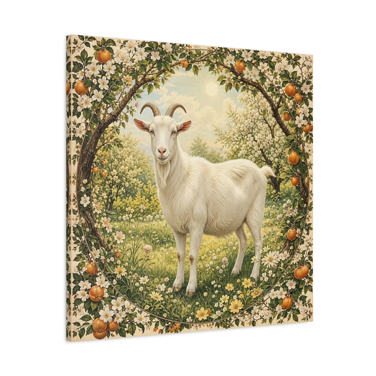 Side Mockup 3. Animals Goat White Goat Floral shown as stretched canvas wall art