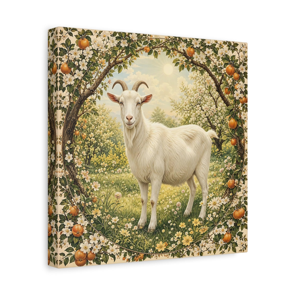 Side Mockup 8. Animals Goat White Goat Floral shown as stretched canvas wall art