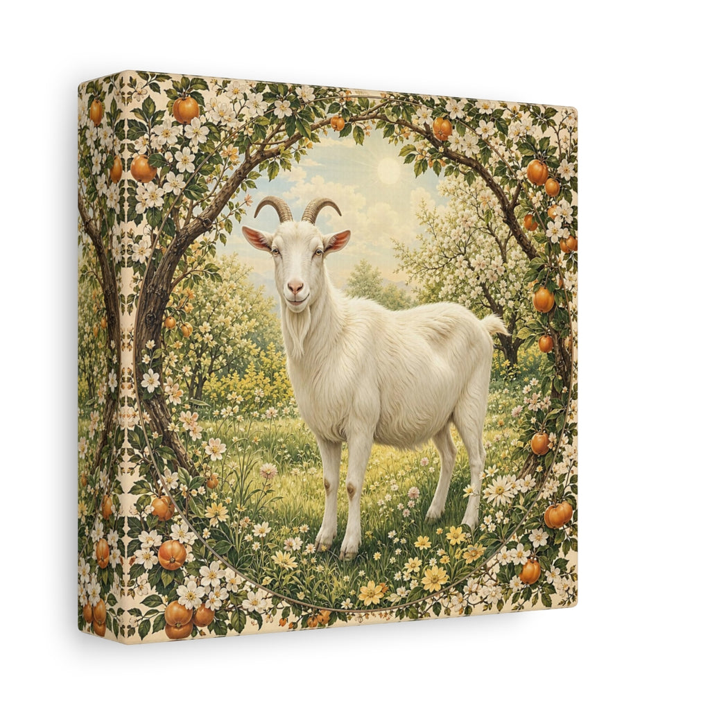 Side Mockup 2. Animals Goat White Goat Floral shown as stretched canvas wall art