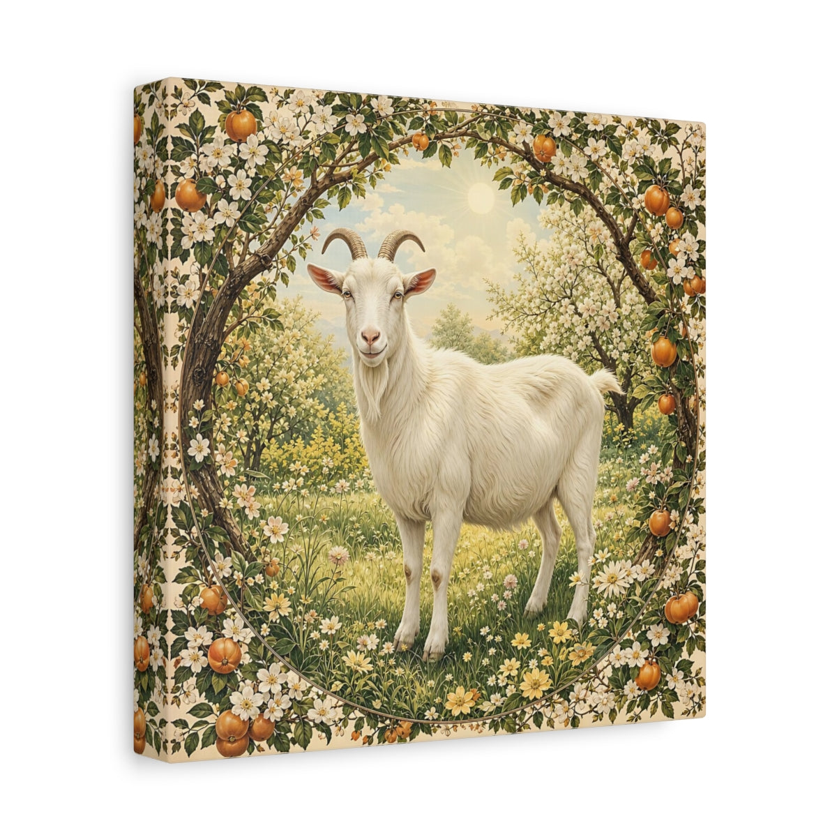 Side Mockup 9. Animals Goat White Goat Floral shown as stretched canvas wall art