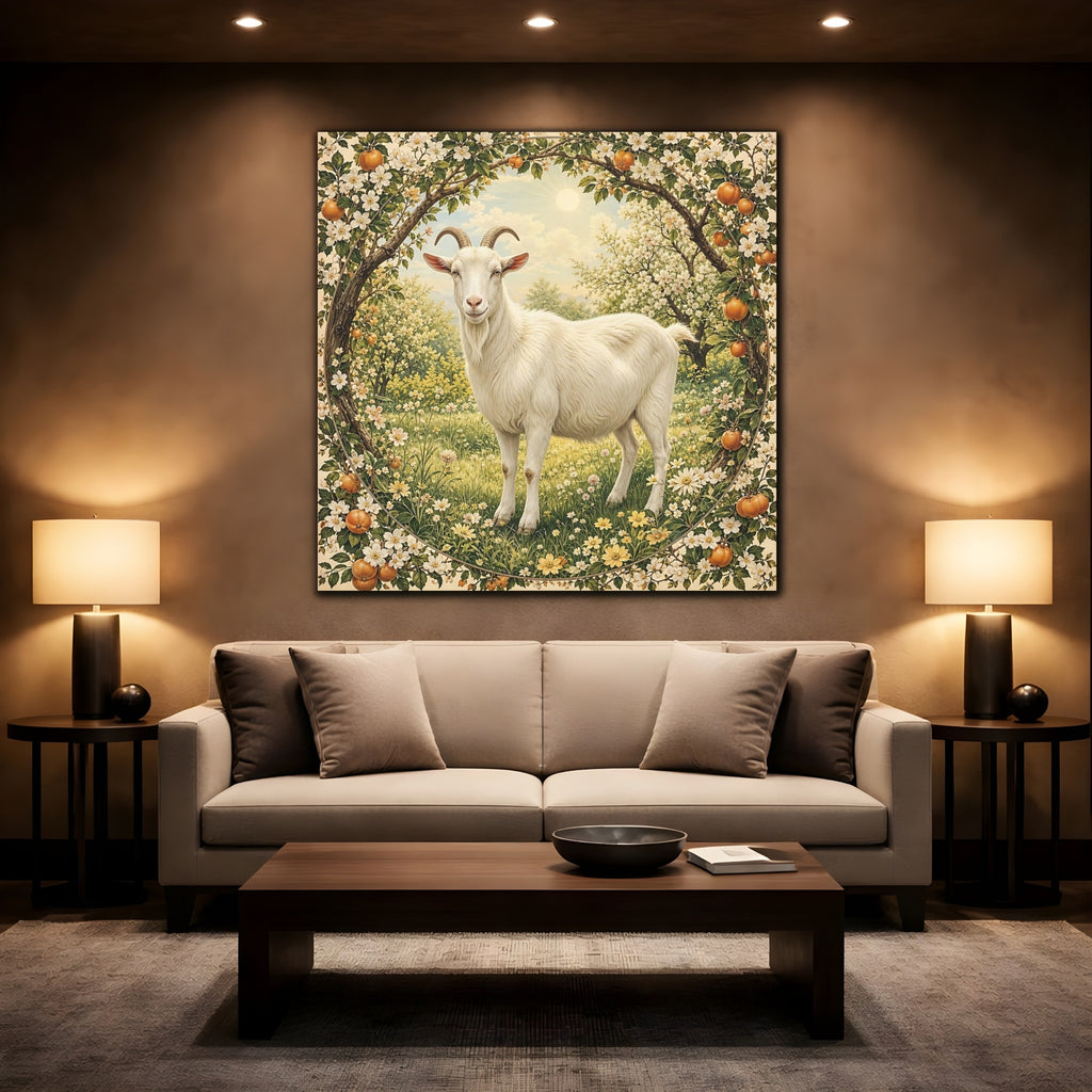 Mockup 2. Animals Goat White Goat Floral shown as stretched canvas wall art