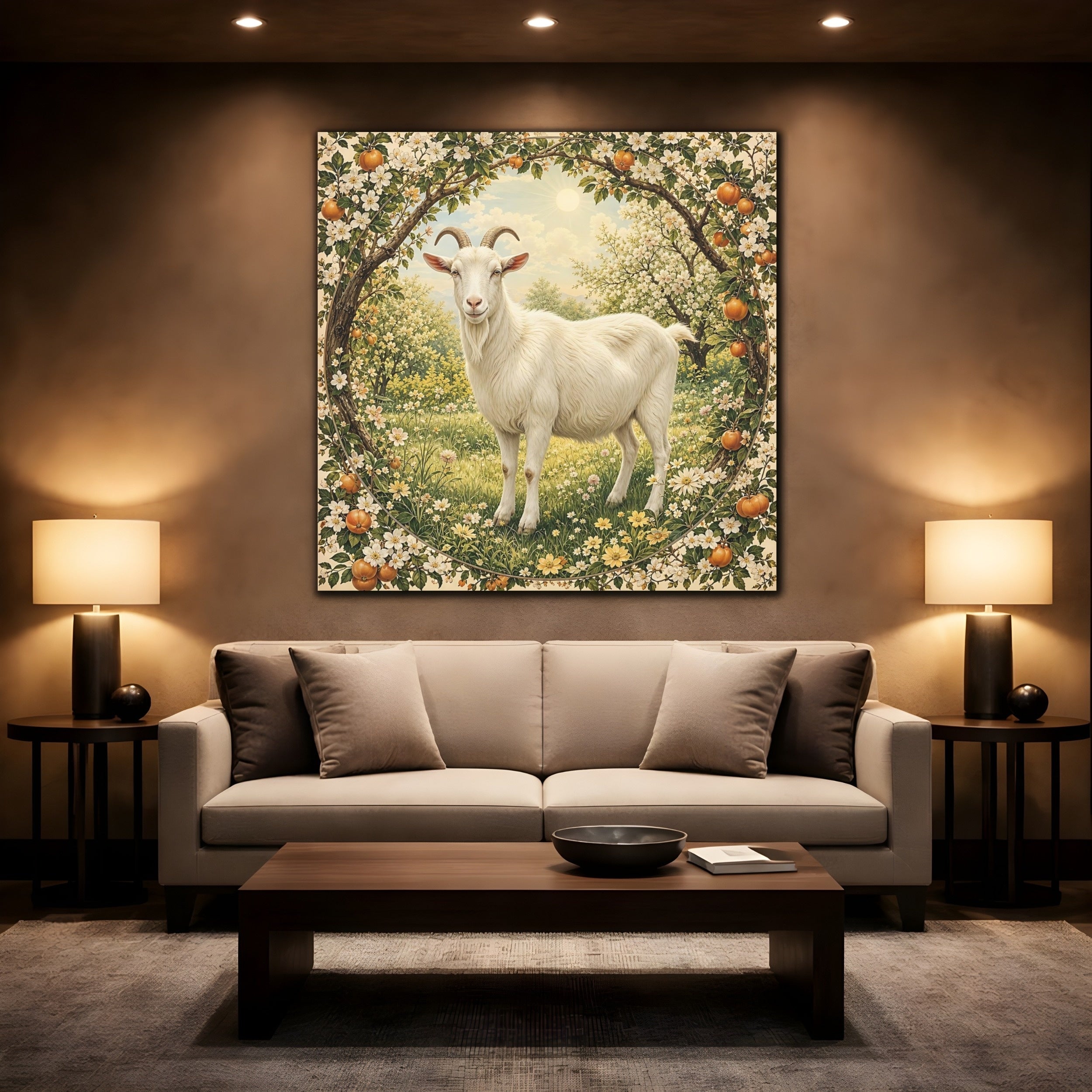 Mockup 2. Animals Goat White Goat Floral shown as stretched canvas wall art