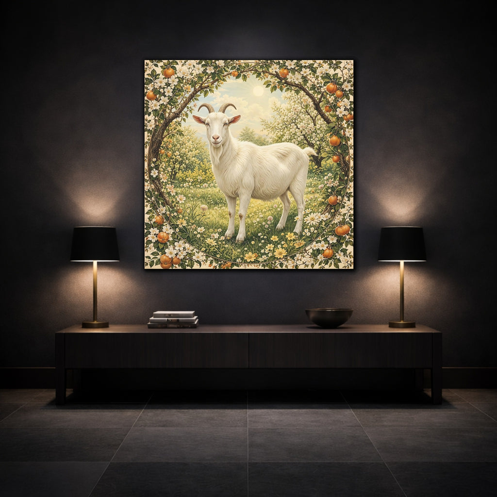 Mockup 3. Animals Goat White Goat Floral shown as stretched canvas wall art