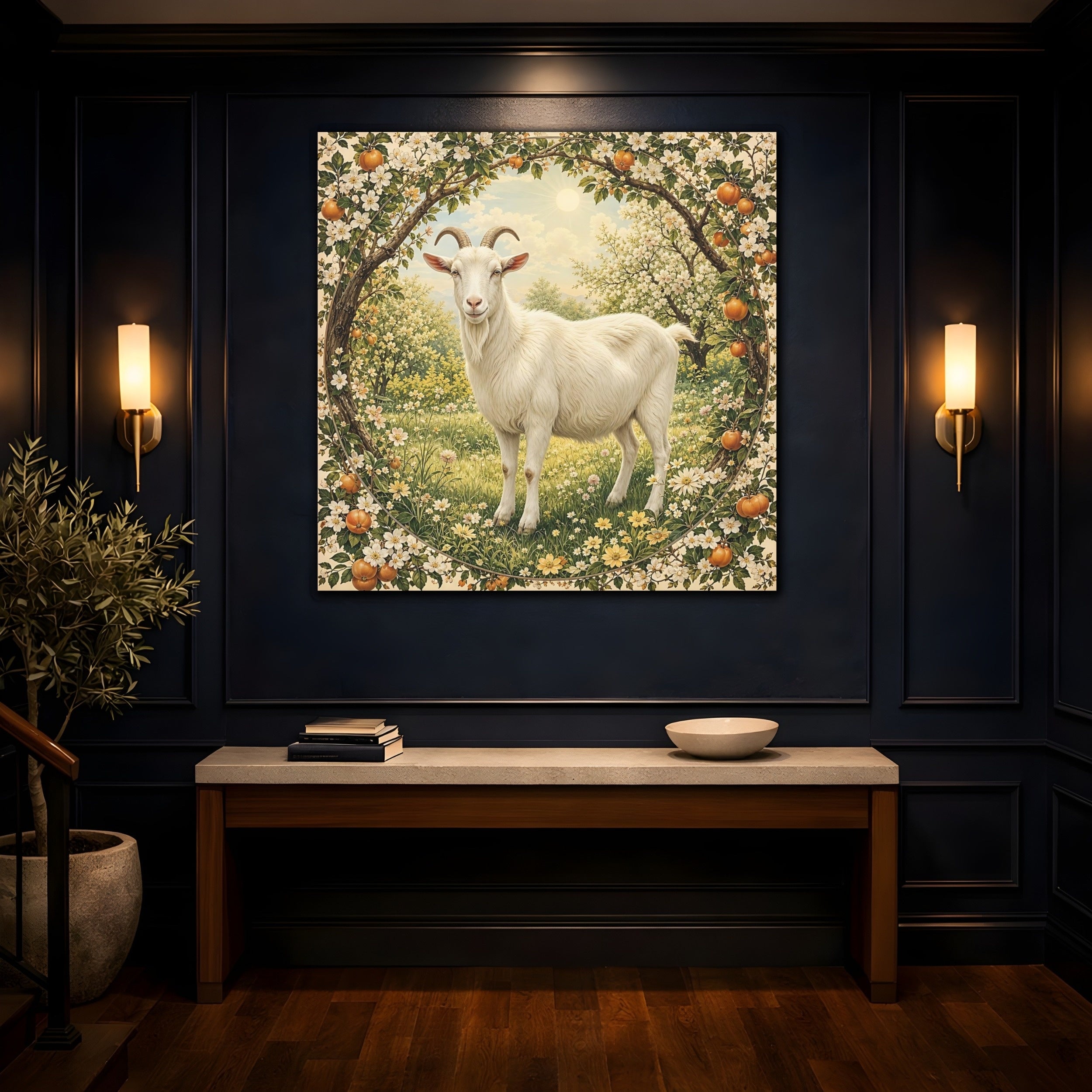 Mockup 4. Animals Goat White Goat Floral shown as stretched canvas wall art