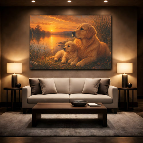 Mockup 2. Animals Golden Retrievers Golden Sunset Dogs shown as canvas print