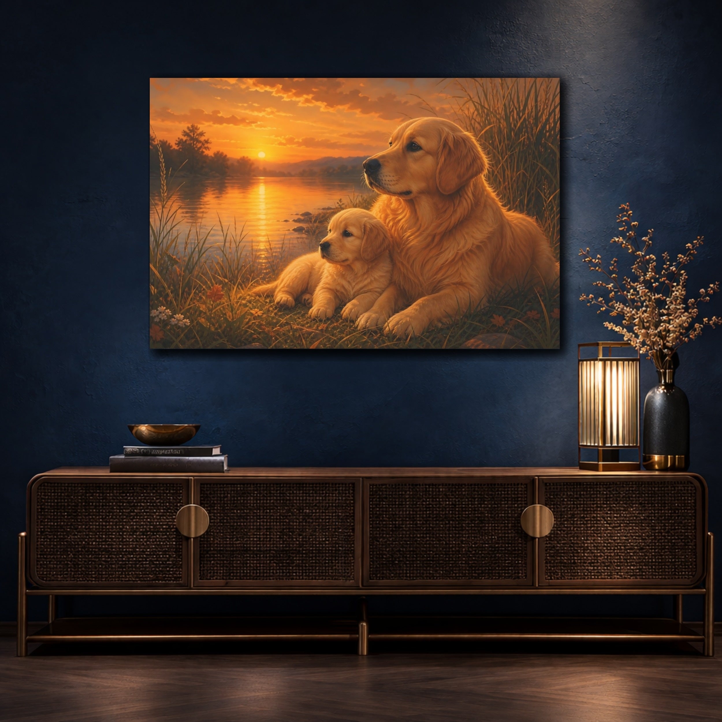 Mockup 4. Animals Golden Retrievers Golden Sunset Dogs shown as canvas print