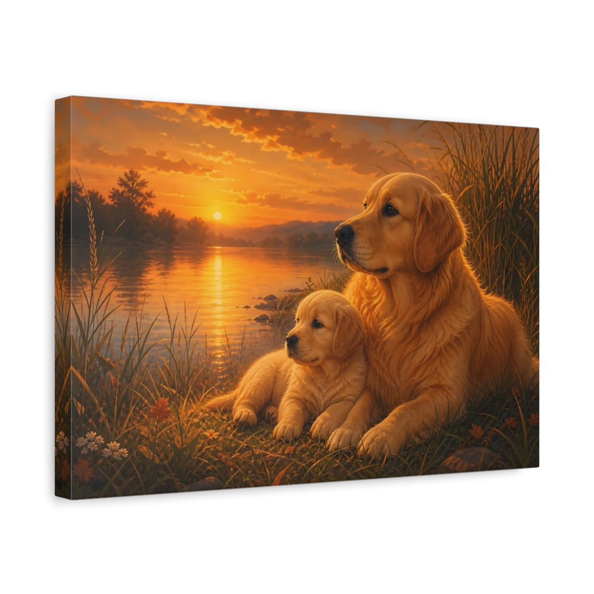 Side Mockup 4. Animals Golden Retrievers Golden Sunset Dogs shown as canvas print