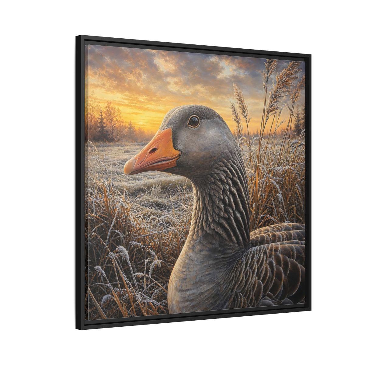 Side Mockup 9. Animals Goose Winter Goose shown as stretched canvas wall art
