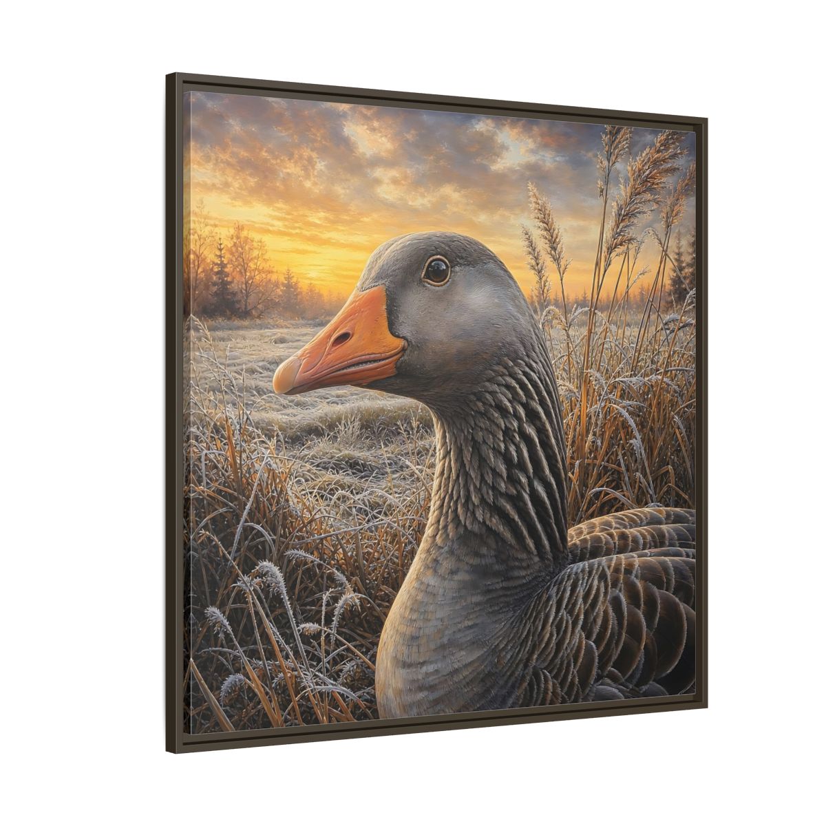 Side Mockup 5. Animals Goose Winter Goose shown as stretched canvas wall art