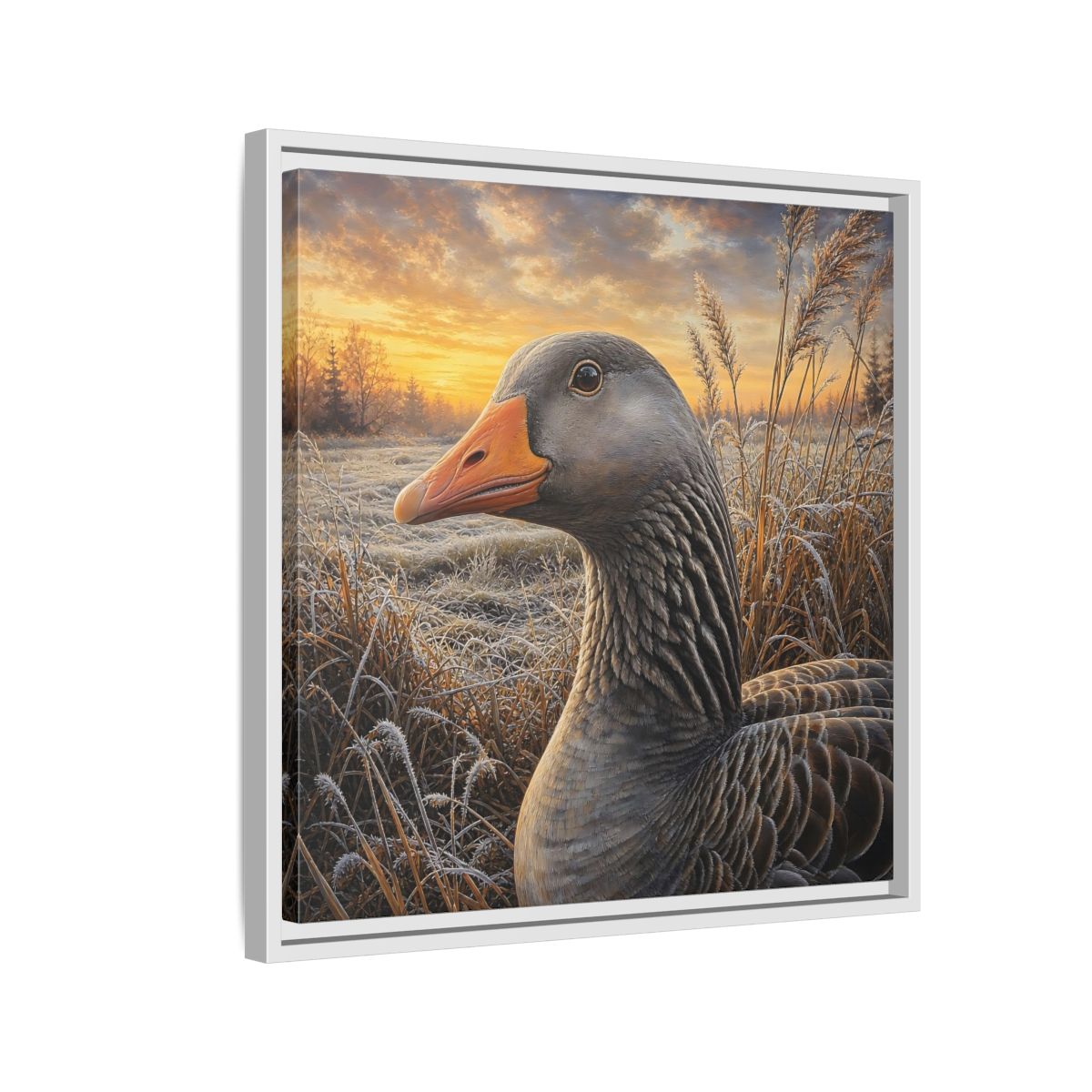 Side Mockup 10. Animals Goose Winter Goose shown as stretched canvas wall art