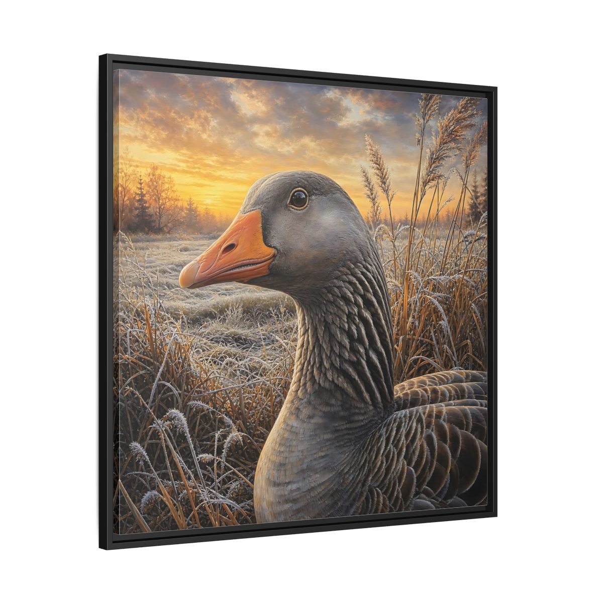 Side Mockup 30. Animals Goose Winter Goose shown as stretched canvas wall art
