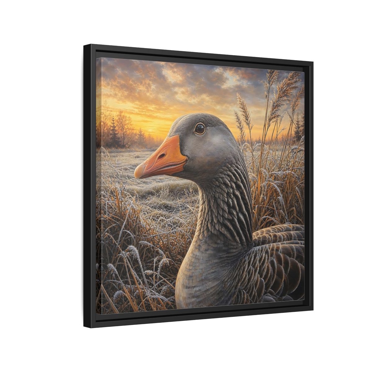 Side Mockup 12. Animals Goose Winter Goose shown as stretched canvas wall art