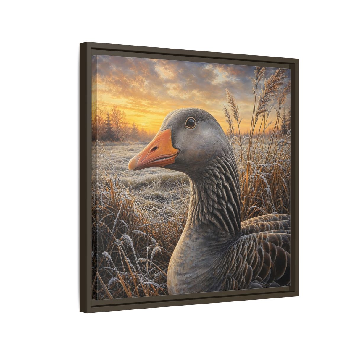 Side Mockup 11. Animals Goose Winter Goose shown as stretched canvas wall art