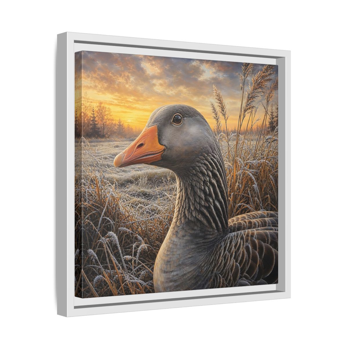 Side Mockup 28. Animals Goose Winter Goose shown as stretched canvas wall art