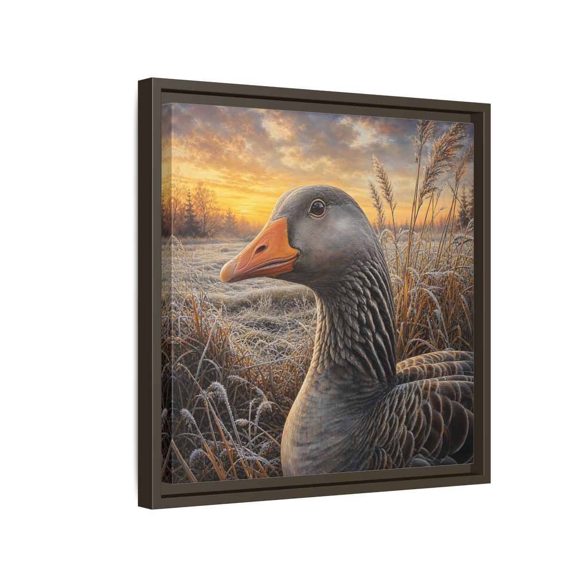 Side Mockup 14. Animals Goose Winter Goose shown as stretched canvas wall art