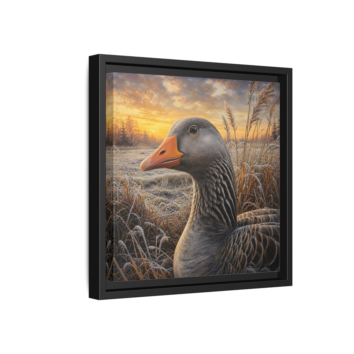 Side Mockup 18. Animals Goose Winter Goose shown as stretched canvas wall art