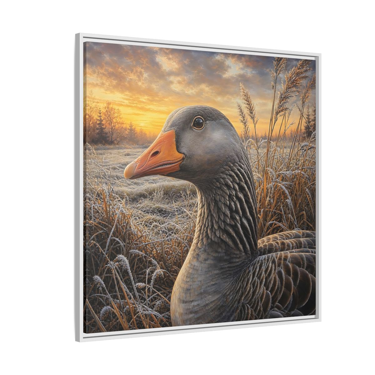 Side Mockup 4. Animals Goose Winter Goose shown as stretched canvas wall art