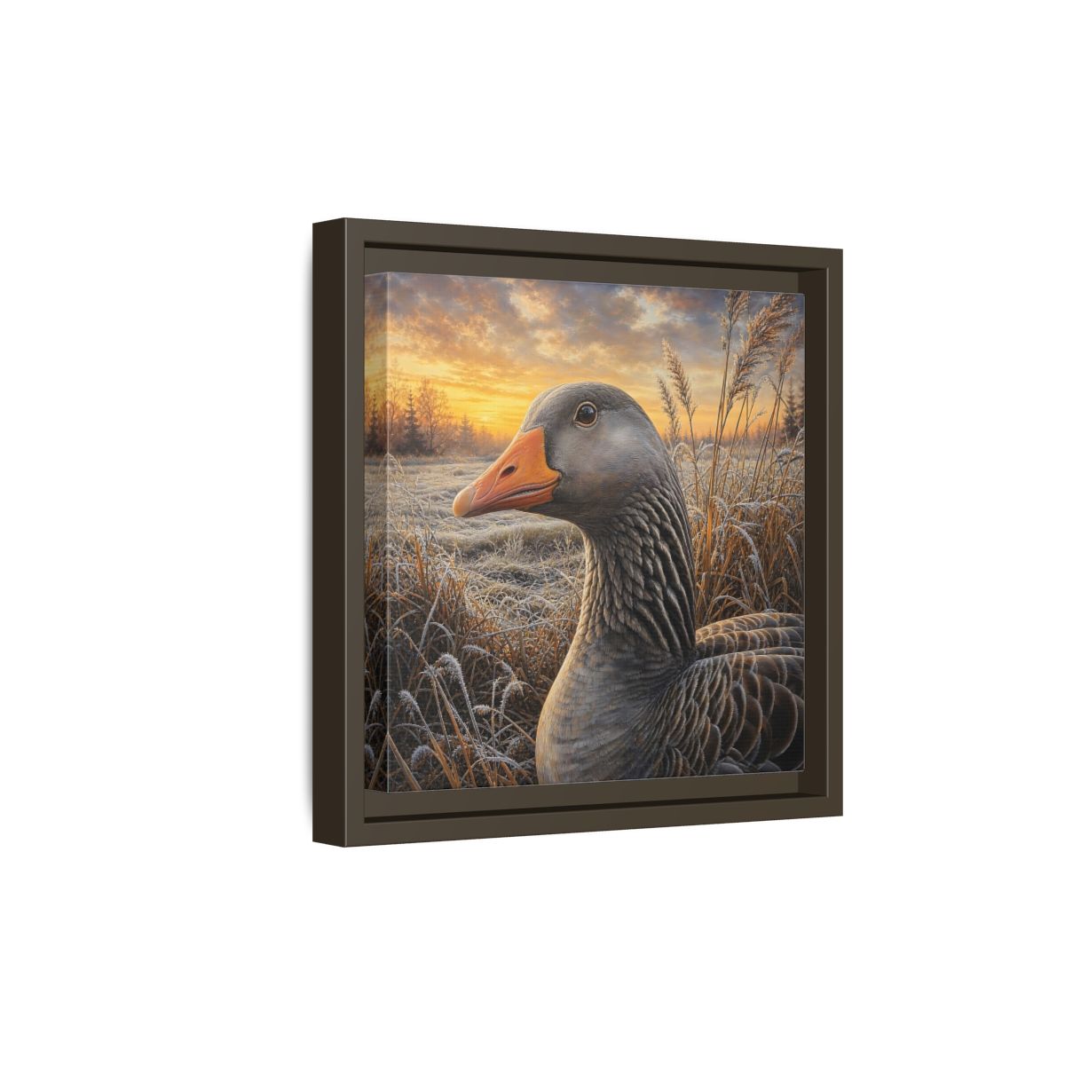 Side Mockup 20. Animals Goose Winter Goose shown as stretched canvas wall art