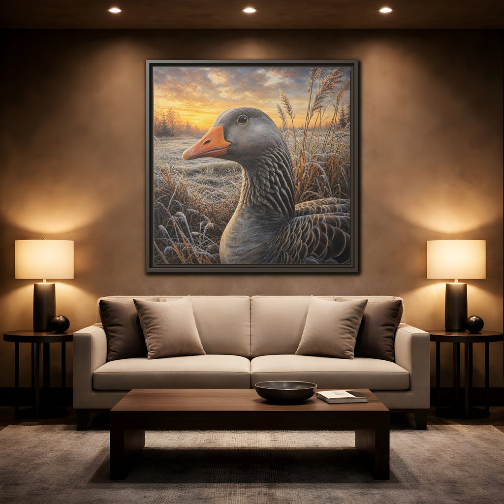 Mockup 2. Animals Goose Winter Goose shown as stretched canvas wall art