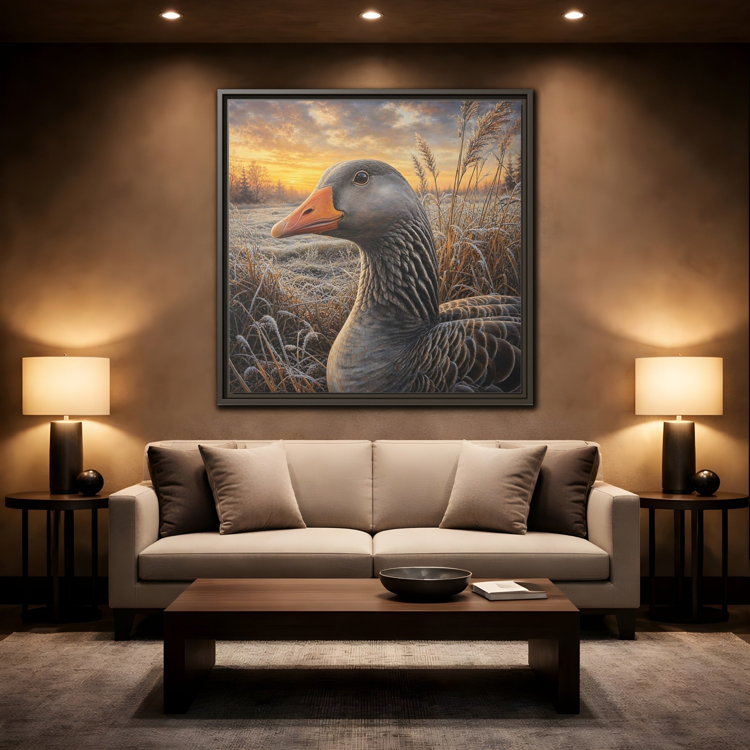 Mockup 2. Animals Goose Winter Goose shown as stretched canvas wall art