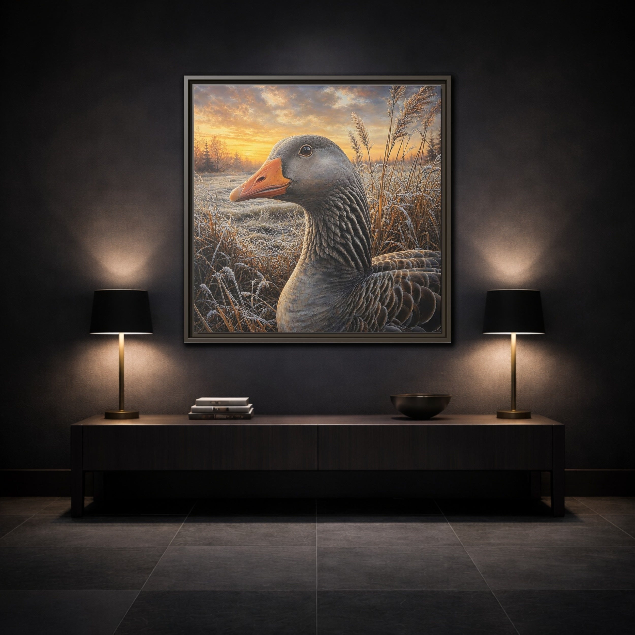 Mockup 3. Animals Goose Winter Goose shown as stretched canvas wall art