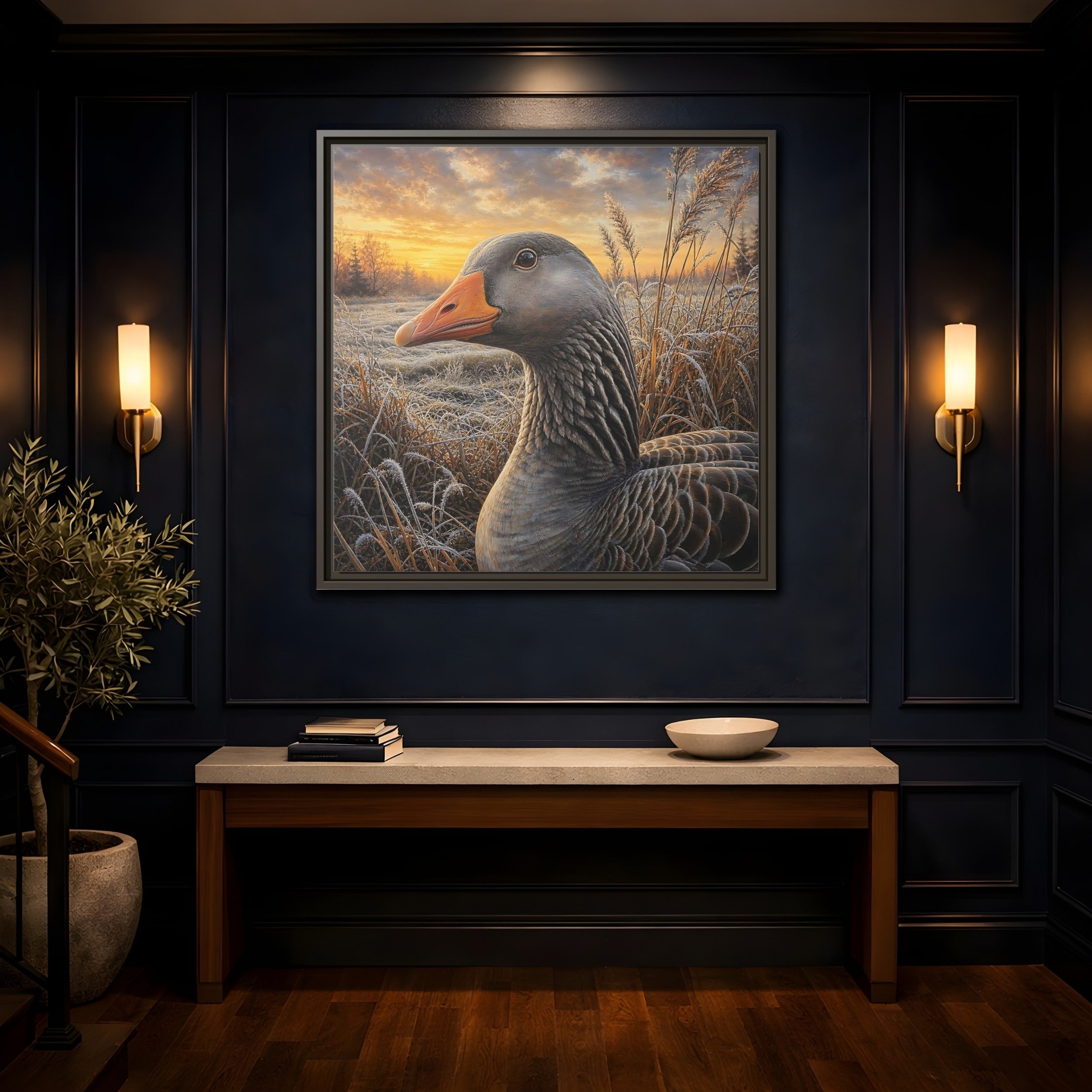 Mockup 4. Animals Goose Winter Goose shown as stretched canvas wall art