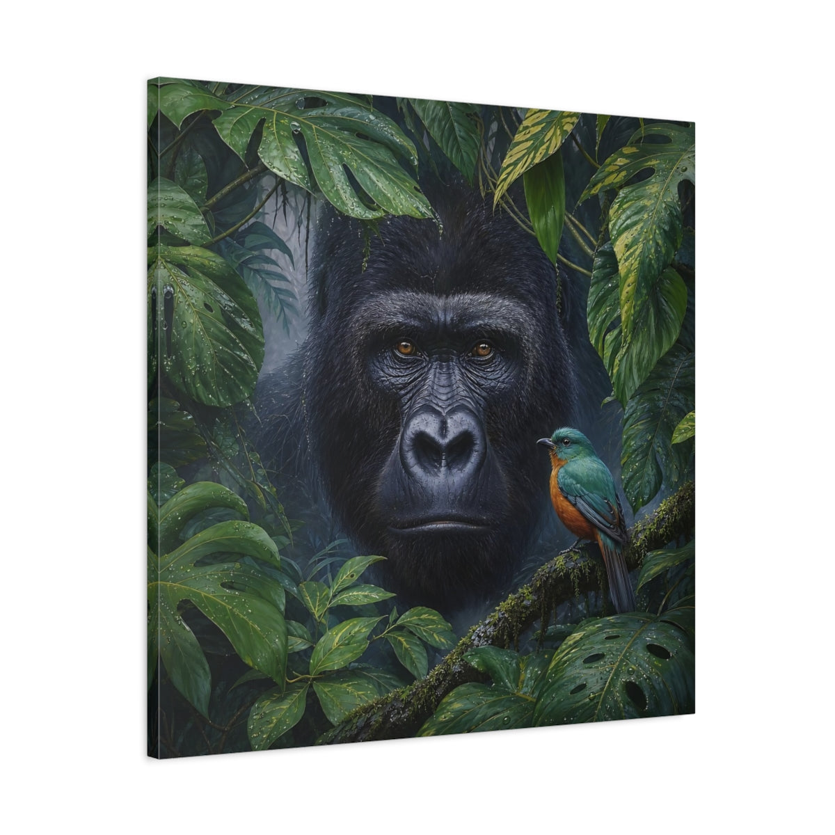 Side Mockup 3. Animals Gorilla, Bird Gorilla Jungle Green shown as stretched canvas wall art