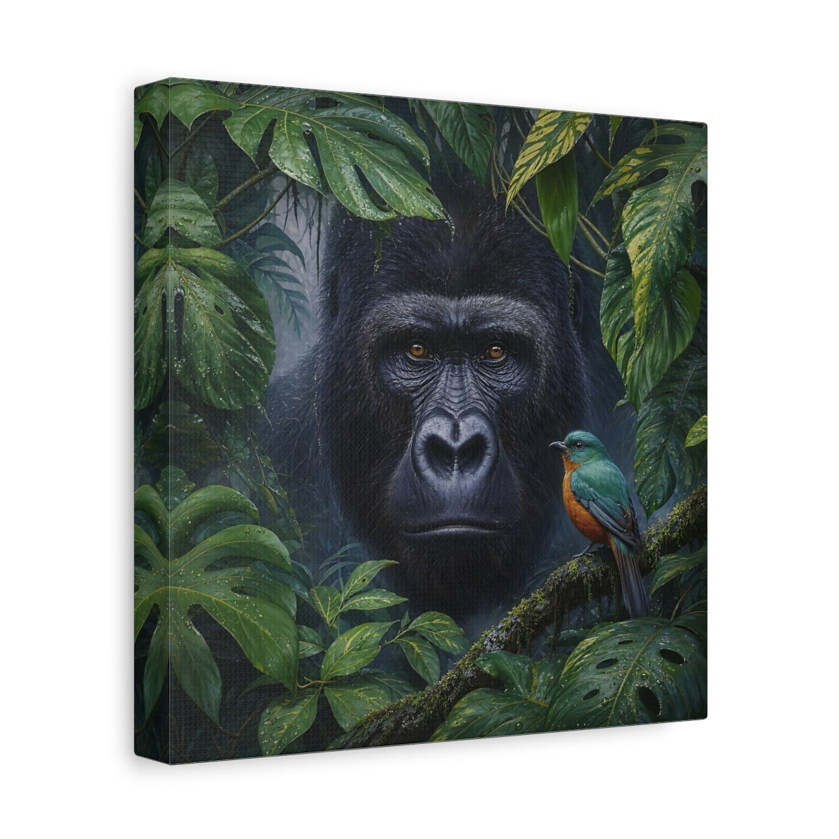 Side Mockup 9. Animals Gorilla, Bird Gorilla Jungle Green shown as stretched canvas wall art