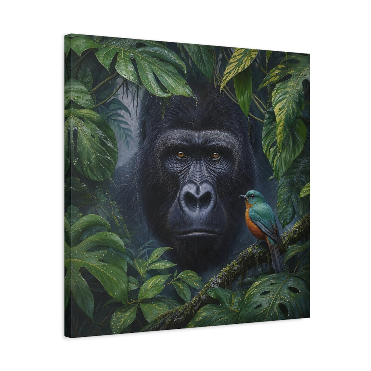 Side Mockup 4. Animals Gorilla, Bird Gorilla Jungle Green shown as stretched canvas wall art