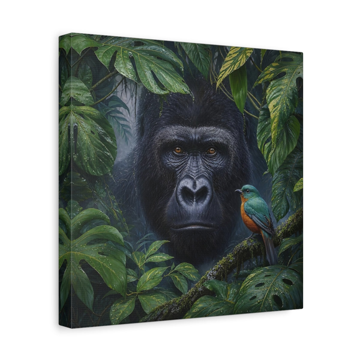 Side Mockup 8. Animals Gorilla, Bird Gorilla Jungle Green shown as stretched canvas wall art